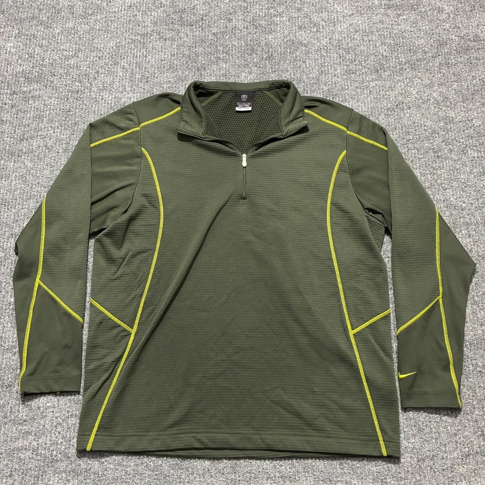 Nike Fit Therma Pullover Mens L Green Yellow 1/4 Zip Long Sleeve Performance